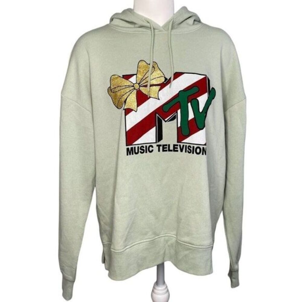 MTV Hoodie Sweatshirt Top Women's‎ MEDIUM Green Seasonal Holiday Drawstring NEW